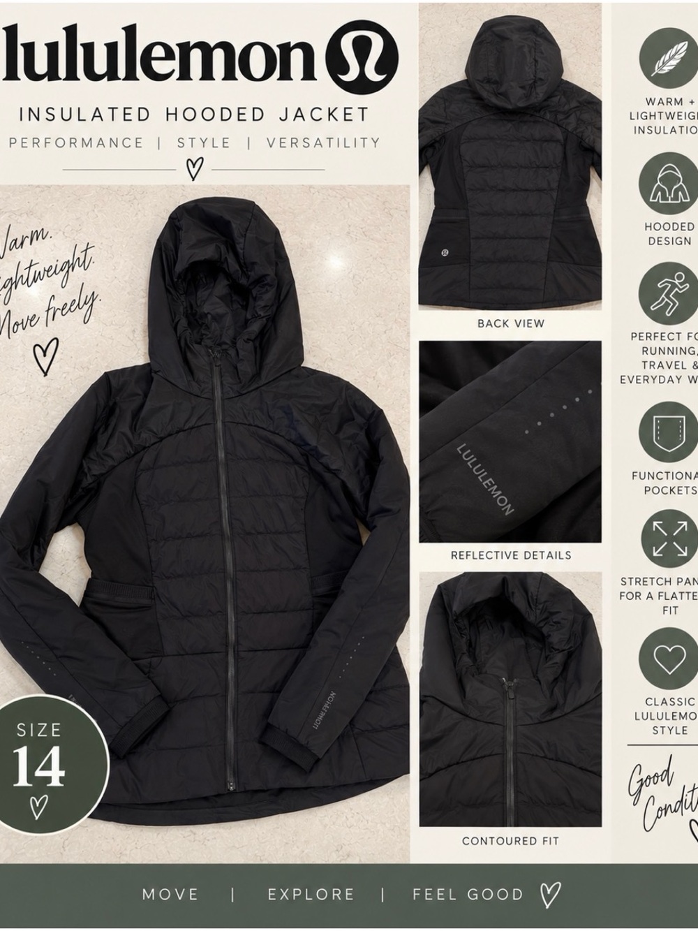 Lululemon Women’s Insulated Hooded Running Jacket Black Size 14